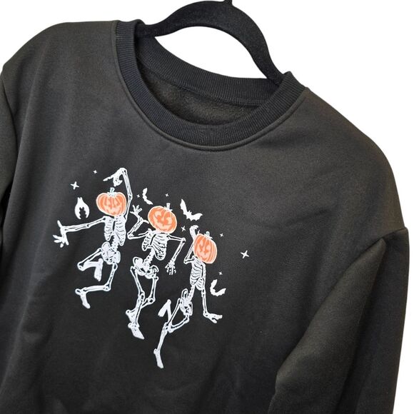 Halloween Medium Dancing Pumpkin Skeleton Black Crewneck Pullover Sweater - Picture 2 of 13